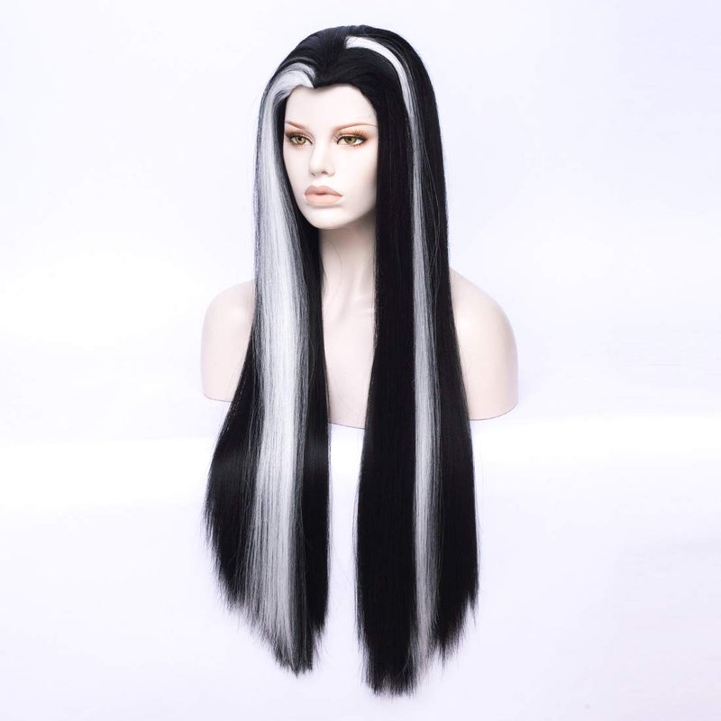 مورتيشا شعر مستعار طويل مستقيم باللونين الأبيض والأسود من MORTICIA بتصميم ذروة الأرملة للنساء - Image 3